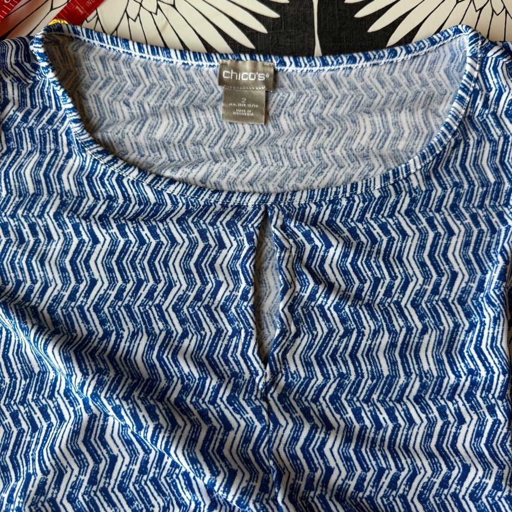 Chico's Dress Size 2/L/ 12 14 Blue White Maxi Chevron Print Tiered Stretchy - Picture 12 of 13
